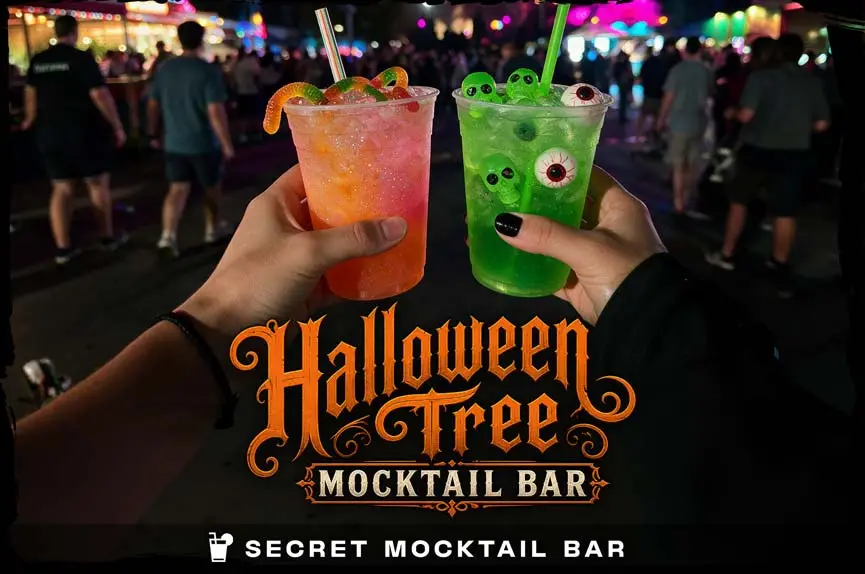 First-person view of two hands clinking clear plastic cups filled with colorful Halloween-themed mocktails—one orange with gummy worms and one neon green with floating skull and eyeball candies—against a softly blurred background of a bustling nighttime carnival.