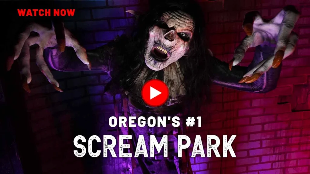 Evil werewolf next to bold text “Oregon's #1 Scream Park" promoting Scaregrounds PDX trailer.