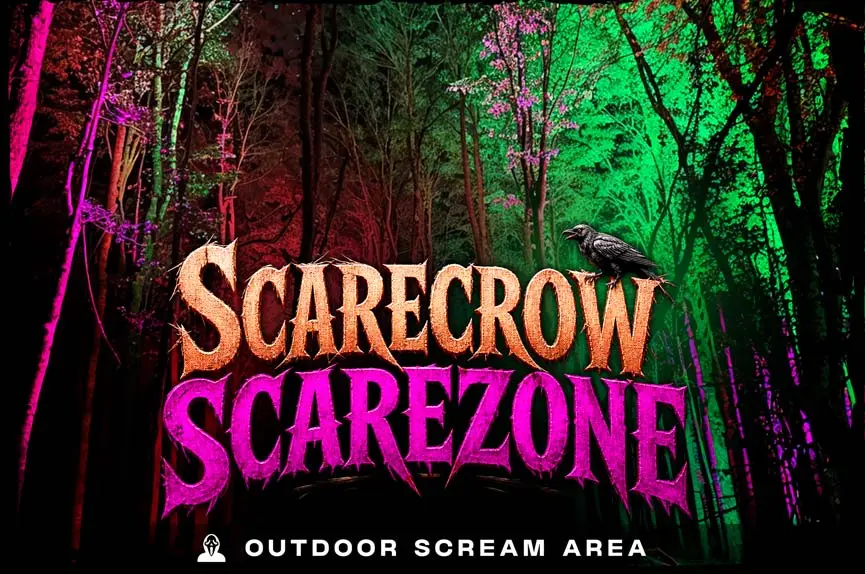 Dark, ominous woods illuminated by vibrant neon green and deep crimson red lighting, featuring a black raven perched atop the Scarecrow Scarezone logo.