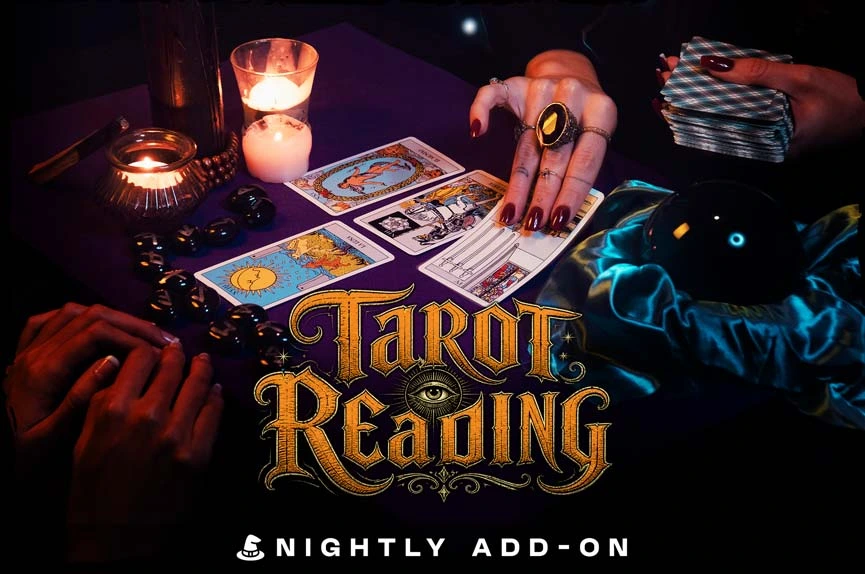 Dimly lit, overhead shot of a fortune teller's table featuring a purple tablecloth, glowing candles, scattered black rune stones, a crystal ball, and hands with dark red nails dealing a spread of classic tarot cards.